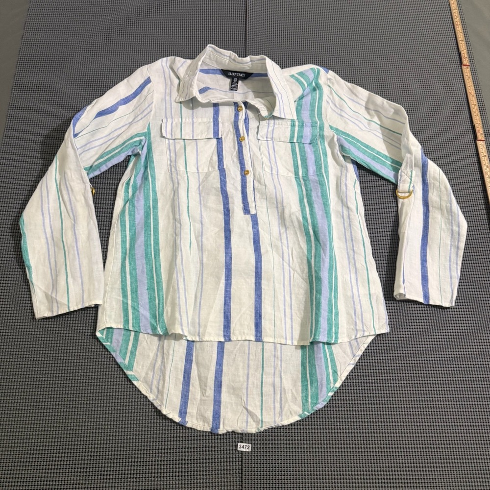 Ellen Tracy Womens Small Blue Green Striped Roll Tab Long Sleeve High Low Shirt